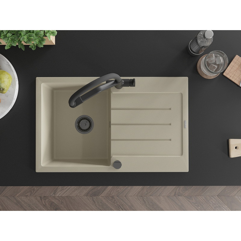 Mexen Bruno 1-bowl granite sink with drainer and Duo kitchen faucet, beige - 6513-69-671701-70-B