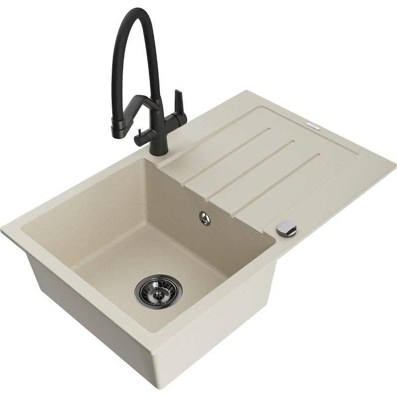 Mexen Bruno 1-bowl granite sink with drainer and Duo kitchen faucet, beige - 6513-69-671701-70-B