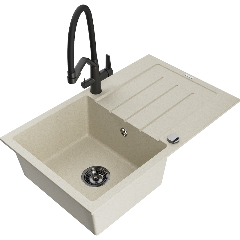 Mexen Bruno 1-bowl granite sink with drainer and Duo kitchen tap, beige - 6513-69-671701-70-B