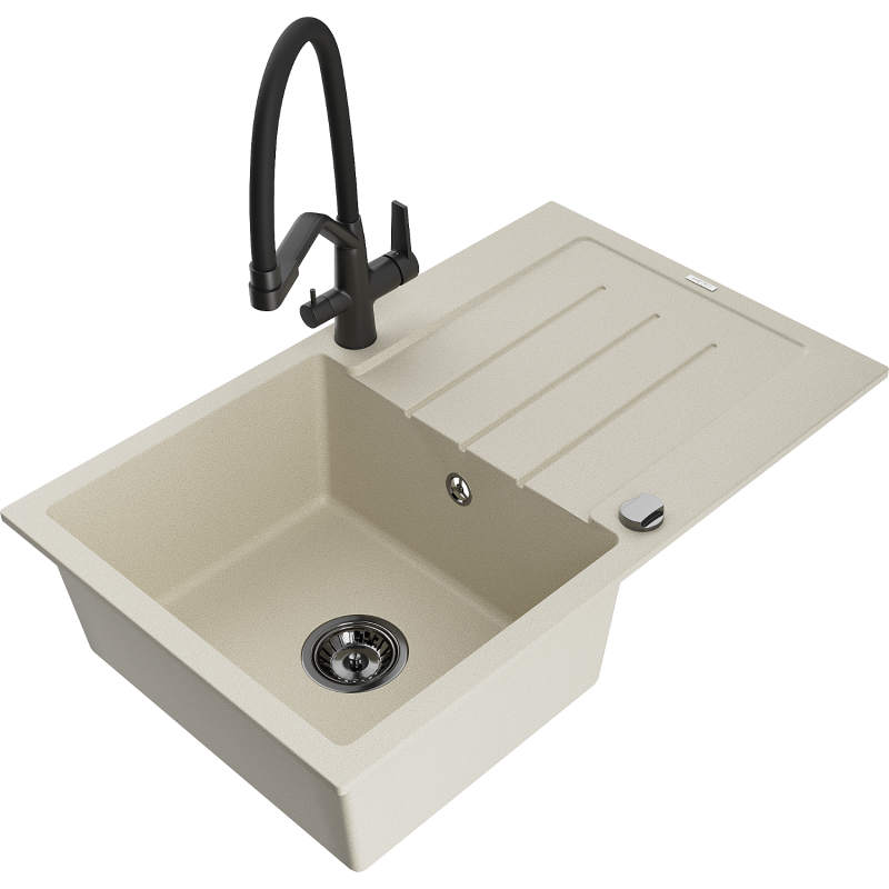 Mexen Bruno 1-compartment granite sink with a drip tray and kitchen mixer tap Duo, Beige - 6513-69-671701-70-B