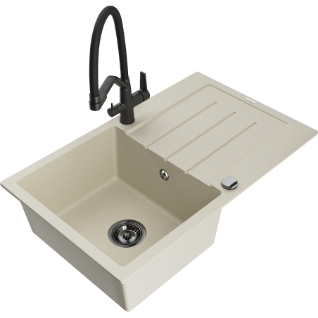 Mexen Bruno 1-bowl granite sink with drainer and Duo kitchen tap, beige - 6513-69-671701-70-B