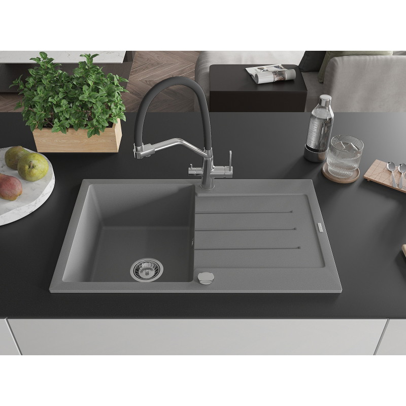 Mexen Bruno granite kitchen sink 1-bowl with drainer and kitchen faucet Duo, gray - 6513-71-671701-07