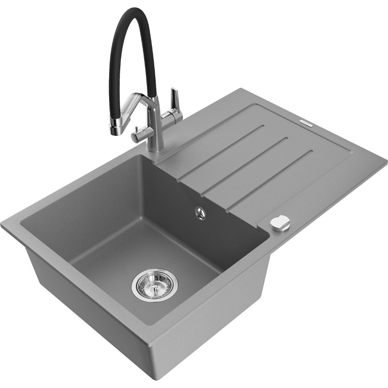 Mexen Bruno granite kitchen sink 1-bowl with drainer and kitchen faucet Duo, gray - 6513-71-671701-07