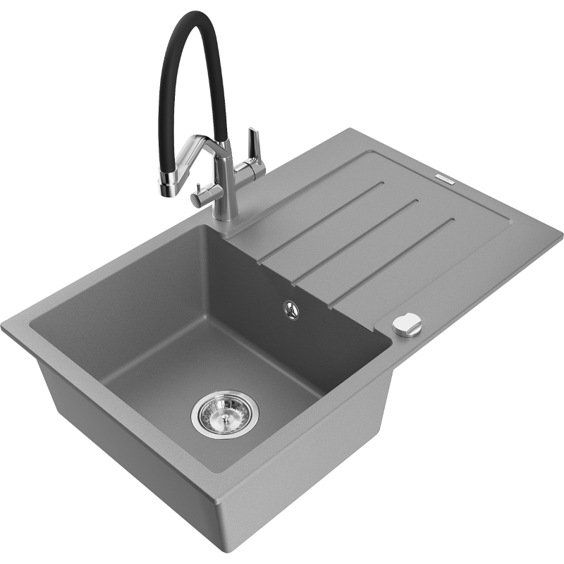 Mexen Bruno granite sink 1-bowl with drainer and Duo kitchen tap, grey - 6513-71-671701-07