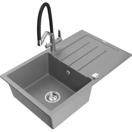 Mexen Bruno 1-bowl granite sink with drainer and Duo kitchen faucet, gray - 6513-71-671701-07