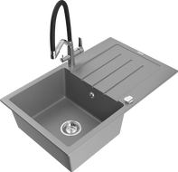 Mexen Bruno 1-bowl granite sink with drainer and Duo kitchen faucet, gray - 6513-71-671701-07