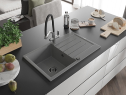 Mexen Bruno granite kitchen sink 1-bowl with drainer and Duo kitchen faucet, gray - 6513-71-671701-07-B
