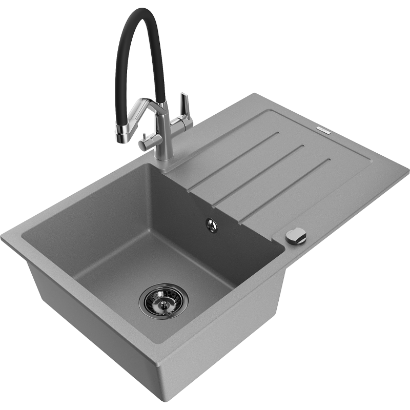 Mexen Bruno 1-compartment granite sink with a drip tray and kitchen mixer tap Duo, grey - 6513-71-671701-07-B