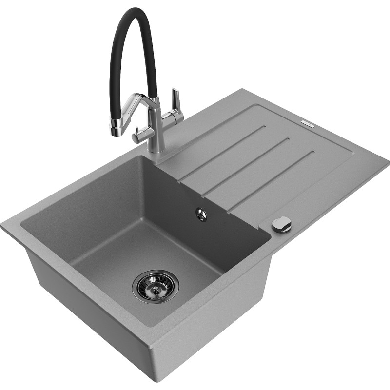 Mexen Bruno granite kitchen sink 1-bowl with drainer and Duo kitchen faucet, gray - 6513-71-671701-07-B