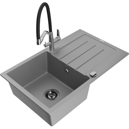 Mexen Bruno granite kitchen sink 1-bowl with drainer and Duo kitchen faucet, gray - 6513-71-671701-07-B