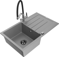 Mexen Bruno granite kitchen sink 1-bowl with drainer and Duo kitchen faucet, gray - 6513-71-671701-07-B