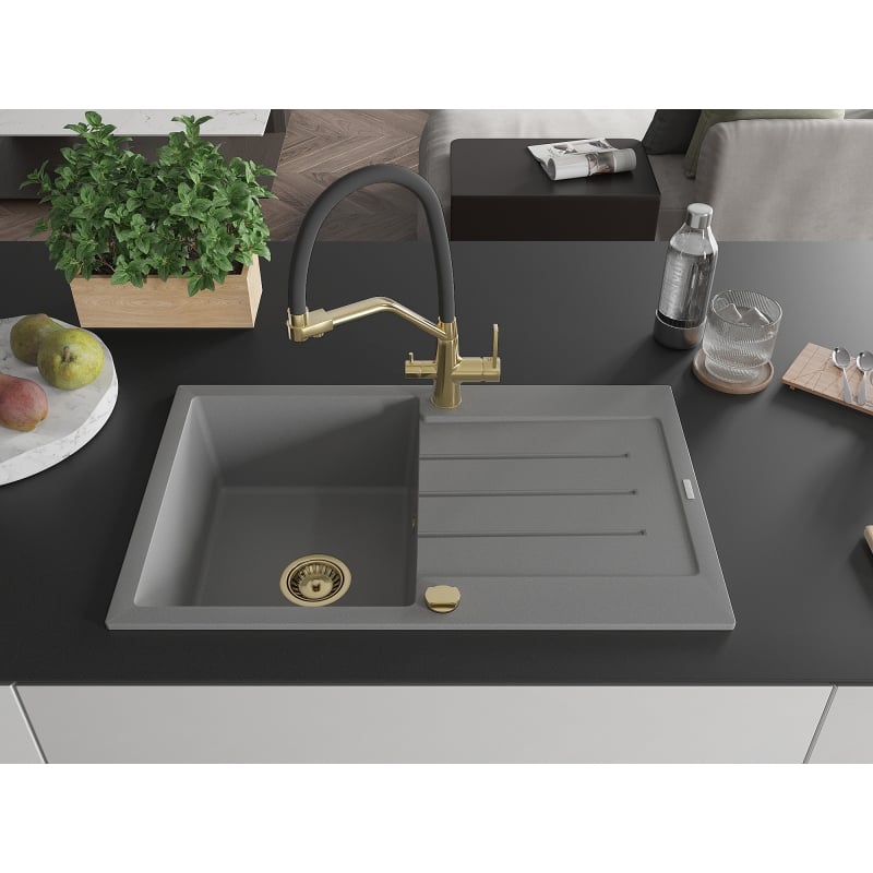 Mexen Bruno granite kitchen sink 1-bowl with drainer and Duo faucet, gray - 6513-71-671701-57-G