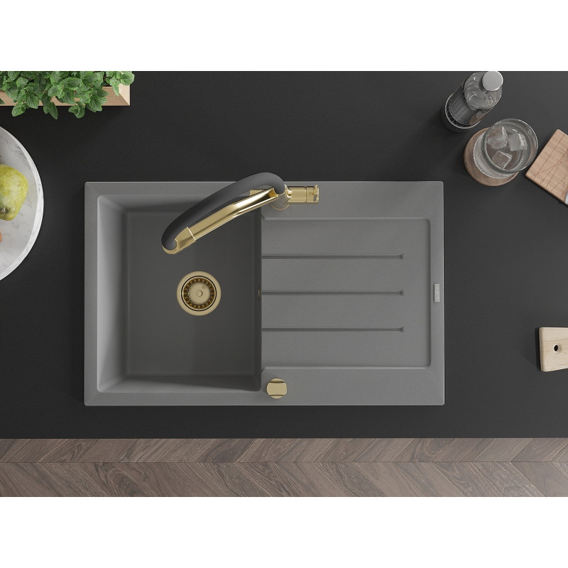 Mexen Bruno 1-bowl granite kitchen sink with drainer and Duo faucet, gray - 6513-71-671701-57-G