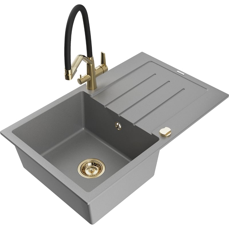 Mexen Bruno granite kitchen sink 1-bowl with drainer and Duo faucet, gray - 6513-71-671701-57-G