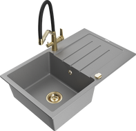 Mexen Bruno 1-bowl granite kitchen sink with drainer and Duo faucet, gray - 6513-71-671701-57-G