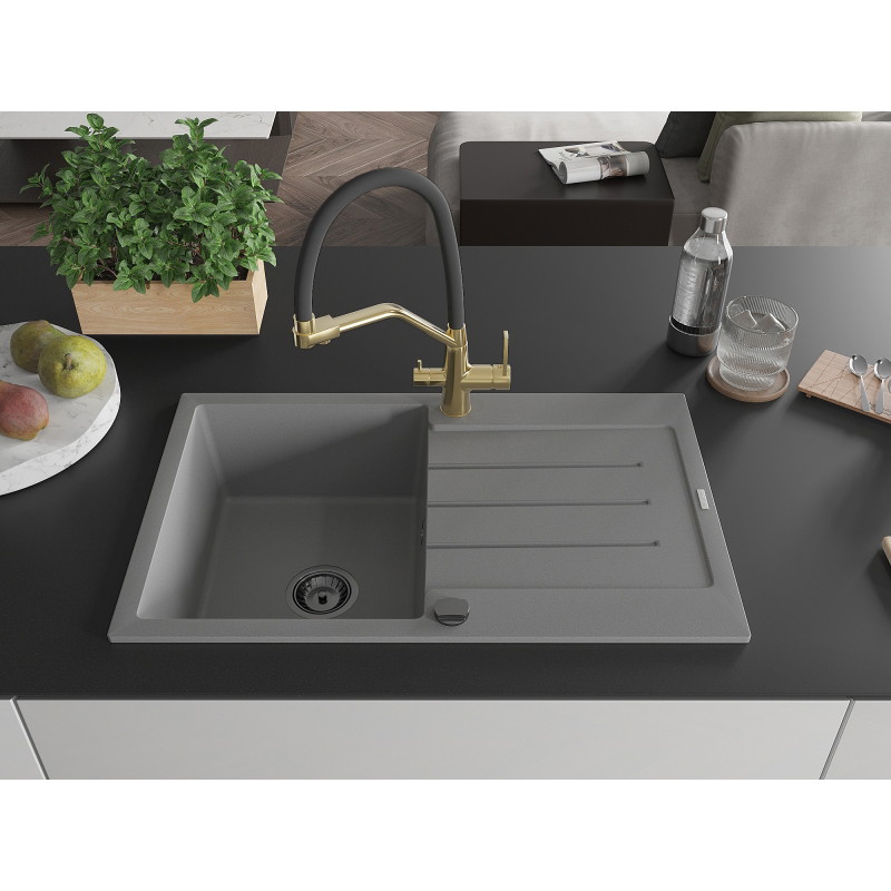 Mexen Bruno 1-Bowl Granite Sink with Drainer and Duo Kitchen Faucet, Gray - 6513-71-671701-57-B