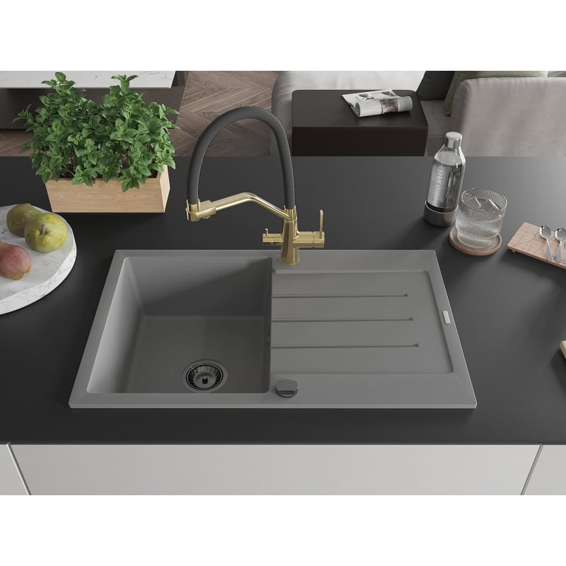 Mexen Bruno granite 1-bowl sink with drainer and Duo kitchen faucet, gray - 6513-71-671701-57-B
