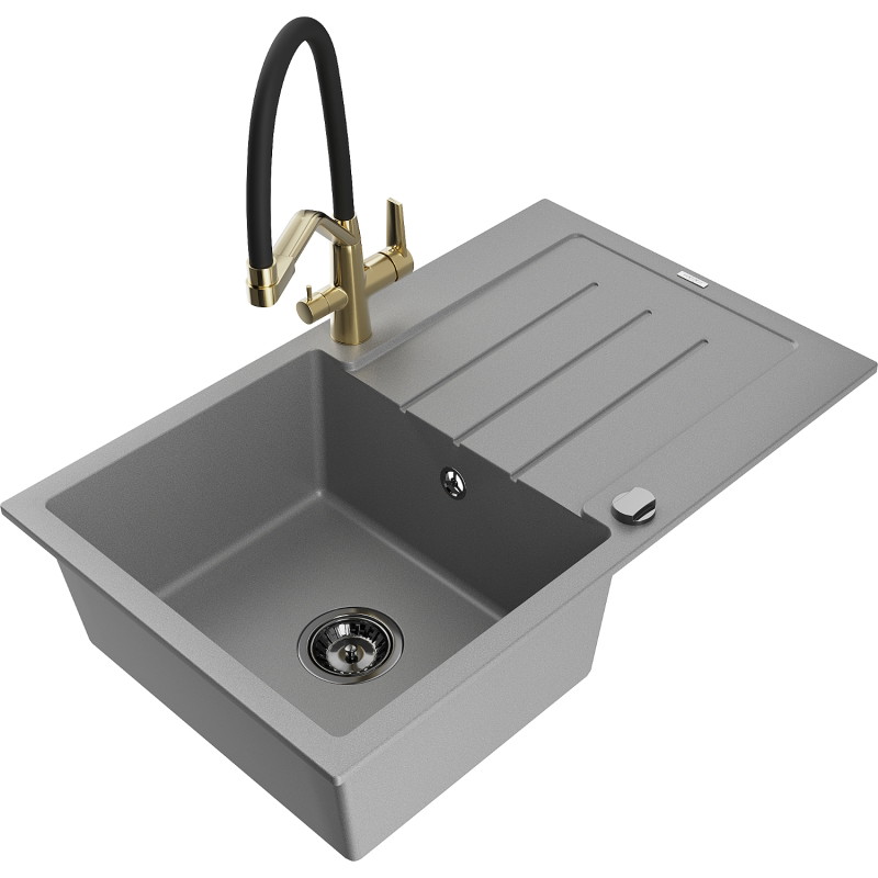 Mexen Bruno 1-Bowl Granite Sink with Drainer and Duo Kitchen Faucet, Gray - 6513-71-671701-57-B