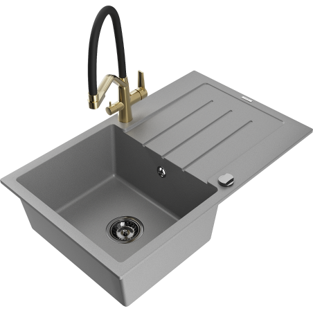 Mexen Bruno 1-Bowl Granite Sink with Drainer and Duo Kitchen Faucet, Gray - 6513-71-671701-57-B