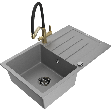 Mexen Bruno granite 1-bowl sink with drainer and Duo kitchen faucet, gray - 6513-71-671701-57-B