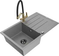 Mexen Bruno 1-Bowl Granite Sink with Drainer and Duo Kitchen Faucet, Gray - 6513-71-671701-57-B