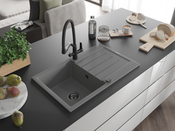 Mexen Bruno granite 1-bowl sink with drainer and Duo kitchen faucet, gray - 6513-71-671701-70-B