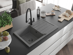 Mexen Bruno granite sink single-bowl with drainer and Duo kitchen faucet, gray - 6513-71-671701-70-B