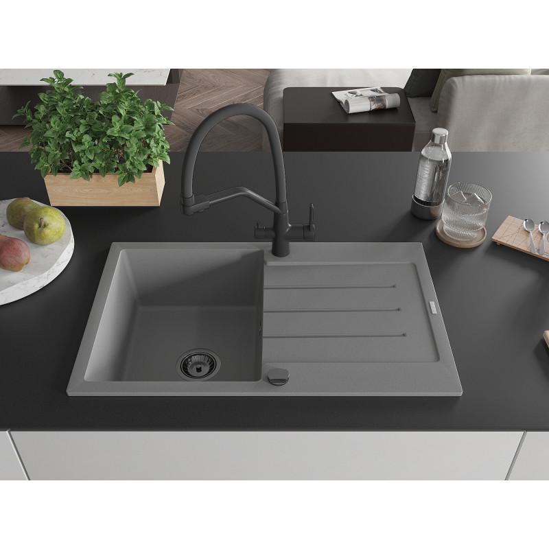 Mexen Bruno granite 1-bowl sink with drainer and Duo kitchen faucet, gray - 6513-71-671701-70-B