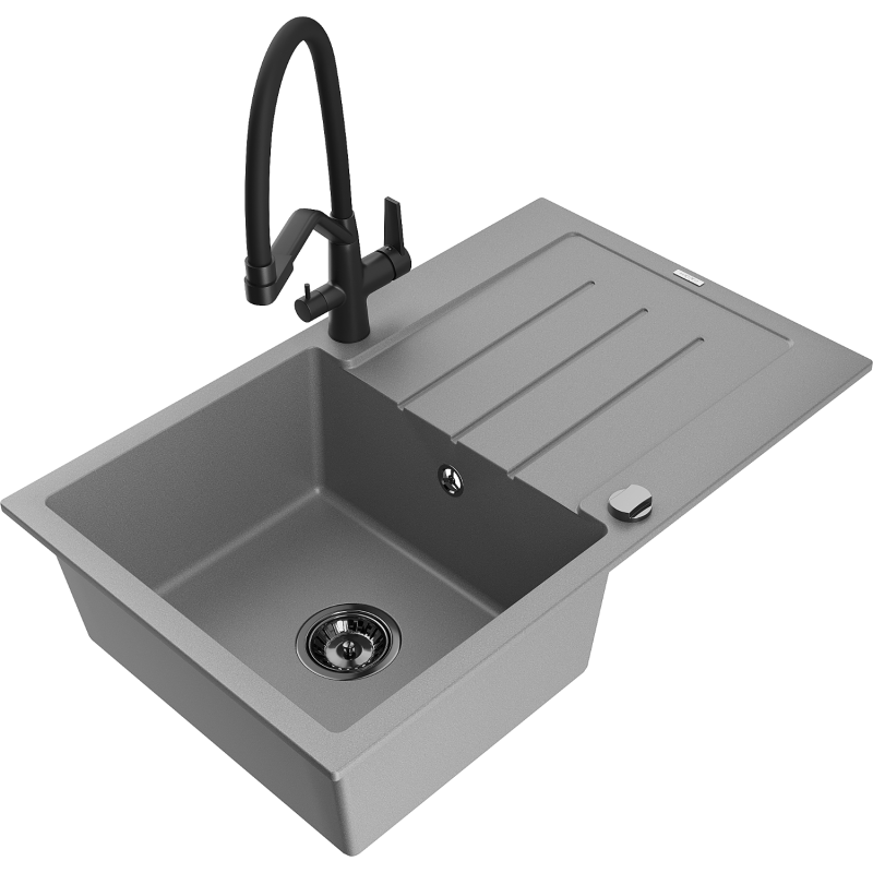 Mexen Bruno 1-compartment granite sink with a drip tray and kitchen mixer tap Duo, grey - 6513-71-671701-70-B