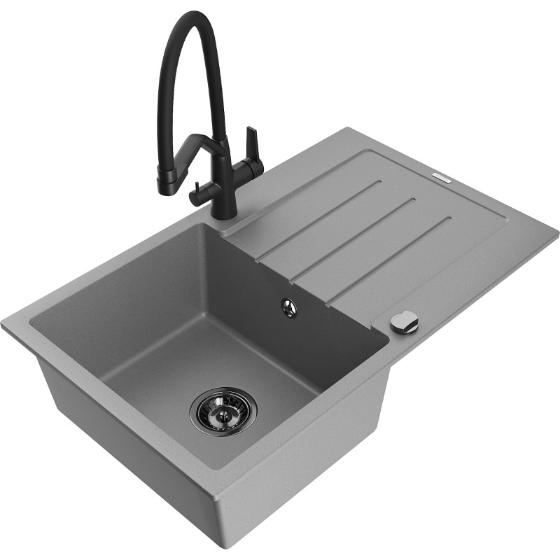 Mexen Bruno granite sink single-bowl with drainer and Duo kitchen faucet, gray - 6513-71-671701-70-B