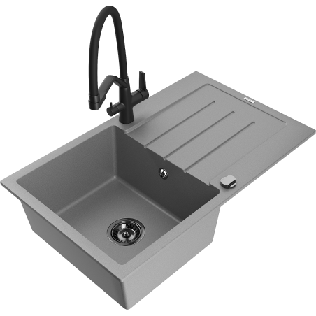 Mexen Bruno granite sink single-bowl with drainer and Duo kitchen faucet, gray - 6513-71-671701-70-B