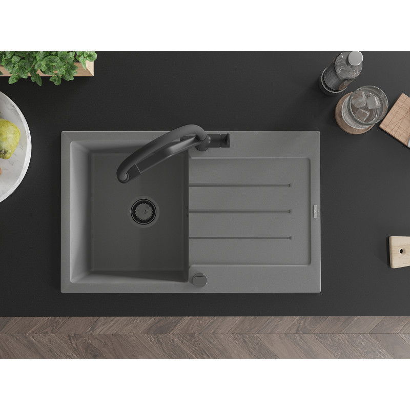 Mexen Bruno granite sink 1-bowl with drainer and Duo kitchen tap, grey - 6513-71-671701-70-B