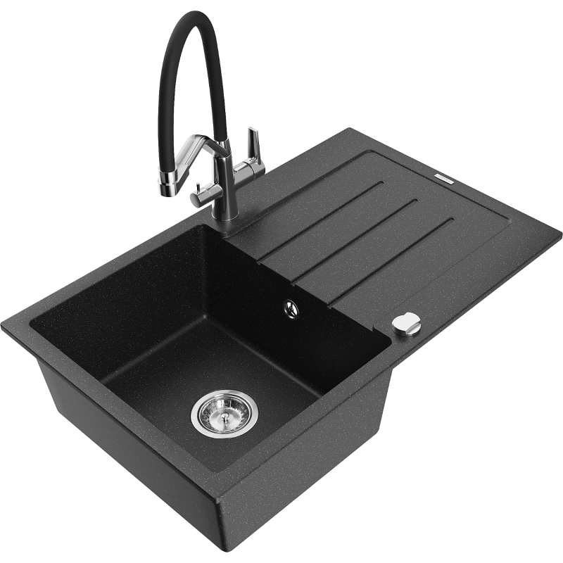 Mexen Bruno 1-compartment granite sink with a drip tray and kitchen mixer tap Duo, Black/ silver metallic - 6513-73-671701-07