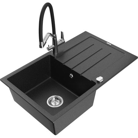 Mexen Bruno 1-bowl granite sink with drainer and Duo kitchen faucet, black/silver metallic - 6513-73-671701-07