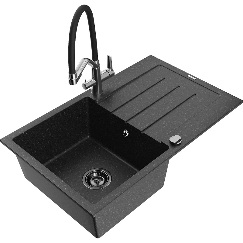 Mexen Bruno 1-bowl granite sink with drainer and Duo kitchen tap, black/silver metallic - 6513-73-671701-07-B