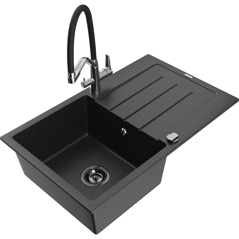 Mexen Bruno 1-compartment granite sink with a drip tray and kitchen mixer tap Duo, Black/ silver metallic - 6513-73-671701-07-B
