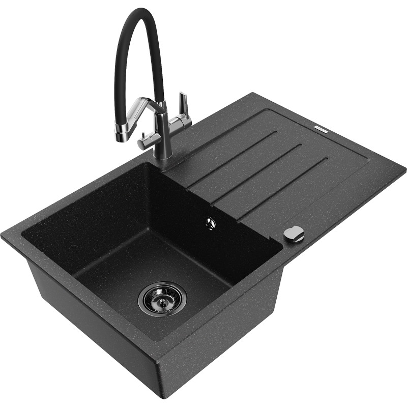 Mexen Bruno granite sink 1-bowl with drainer and Duo kitchen faucet, black/silver metallic - 6513-73-671701-07-B
