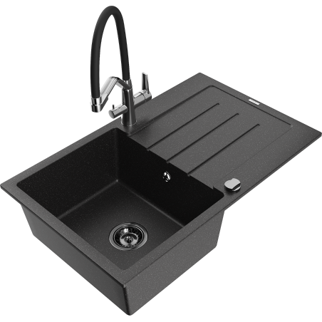 Mexen Bruno 1-bowl granite sink with drainer and Duo kitchen tap, black/silver metallic - 6513-73-671701-07-B