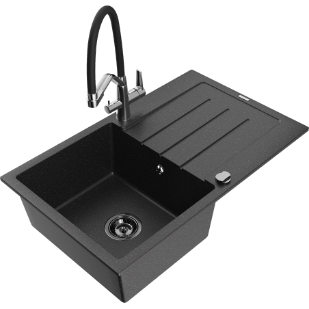 Mexen Bruno granite sink 1-bowl with drainer and Duo kitchen faucet, black/silver metallic - 6513-73-671701-07-B