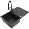 Mexen Bruno 1-bowl granite sink with drainer and Duo kitchen faucet, black/silver metallic - 6513-73-671701-07-B