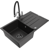 Mexen Bruno granite sink 1-bowl with drainer and Duo kitchen faucet, black/silver metallic - 6513-73-671701-07-B