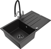 Mexen Bruno 1-bowl granite sink with drainer and Duo kitchen faucet, black/silver metallic - 6513-73-671701-07-B