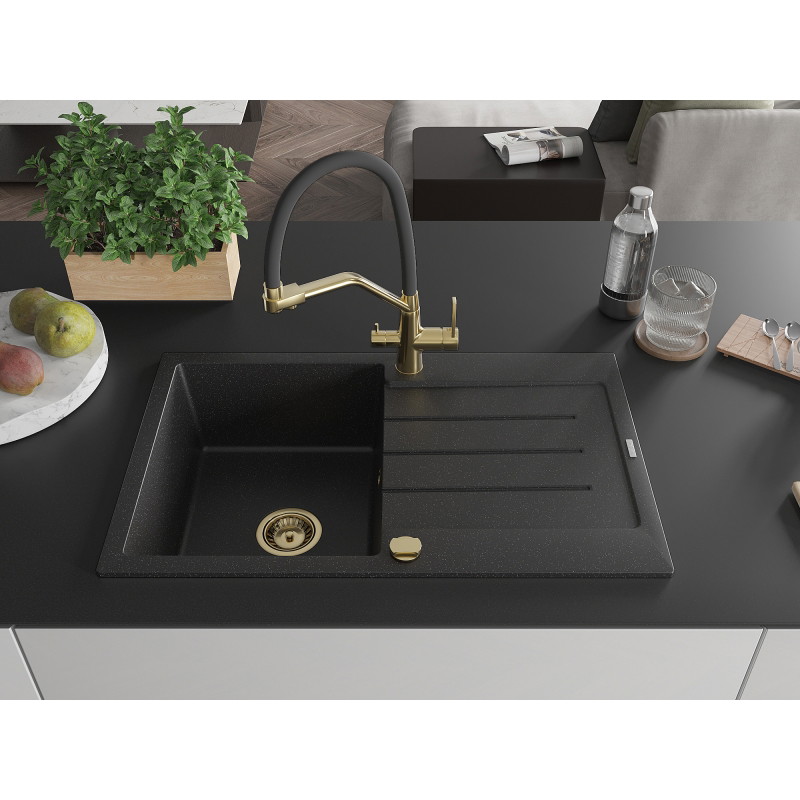 Mexen Bruno 1-bowl granite sink with drainer and Duo kitchen faucet, black/silver metallic - 6513-73-671701-57-G