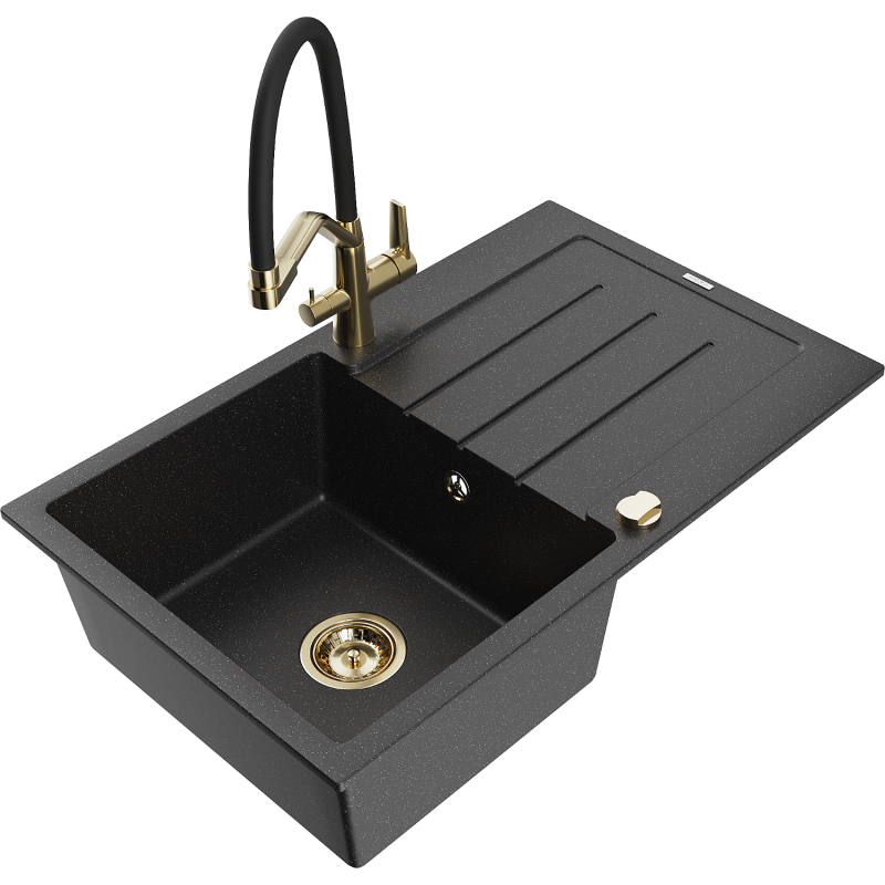 Mexen Bruno 1-compartment granite sink with a drip tray and kitchen mixer tap Duo, Black/ silver metallic - 6513-73-671701-57-G