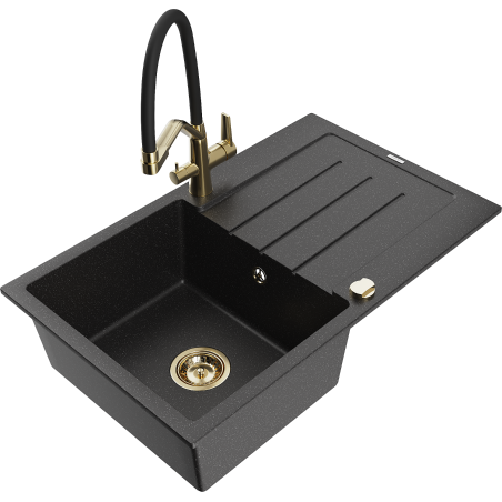 Mexen Bruno 1-bowl granite sink with drainer and Duo kitchen faucet, black/silver metallic - 6513-73-671701-57-G