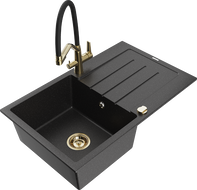 Mexen Bruno 1-bowl granite sink with drainer and Duo kitchen faucet, black/silver metallic - 6513-73-671701-57-G