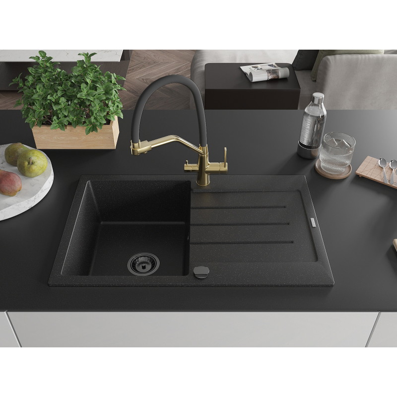 Mexen Bruno granite sink 1-bowl with drainer and Duo kitchen faucet, black/silver metallic - 6513-73-671701-57-B