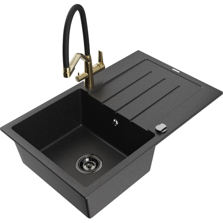 Mexen Bruno granite sink 1-bowl with drainer and Duo kitchen faucet, black/silver metallic - 6513-73-671701-57-B