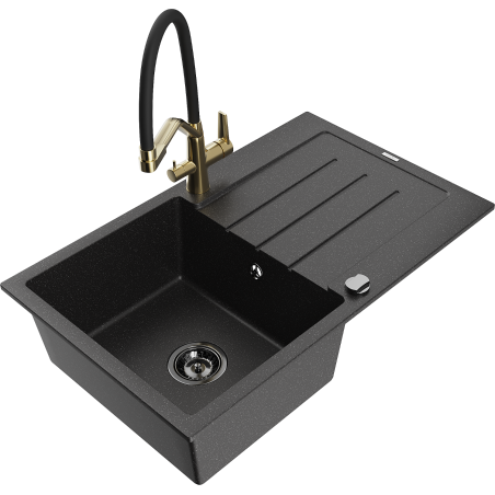 Mexen Bruno granite sink with 1 bowl and drainer and Duo kitchen tap, black/silver metallic - 6513-73-671701-57-B