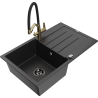 Mexen Bruno granite sink 1-bowl with drainer and Duo kitchen faucet, black/silver metallic - 6513-73-671701-57-B